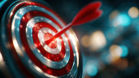 Magnifying glass highlighting a dartboard symbolizing strategy, planning and leadership.の素材