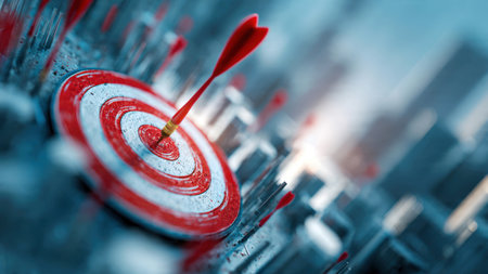 Magnifying glass highlighting a dartboard symbolizing strategy, planning and leadership.の素材
