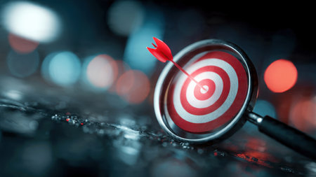 Magnifying glass highlighting a dartboard symbolizing strategy, planning and leadership.の素材