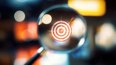Magnifying glass highlighting a dartboard symbolizing strategy, planning and leadership.の素材