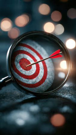 Magnifying glass highlighting a dartboard symbolizing strategy, planning and leadership.の素材
