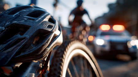 Injured cyclist on street after bike accident with emergency response vehicle.の素材