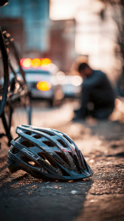 Injured cyclist on street after bike accident with emergency response vehicle.の素材