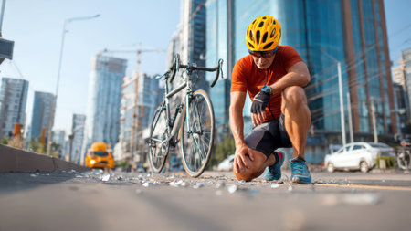 Injured cyclist on street after bike accident with emergency response vehicle.の素材