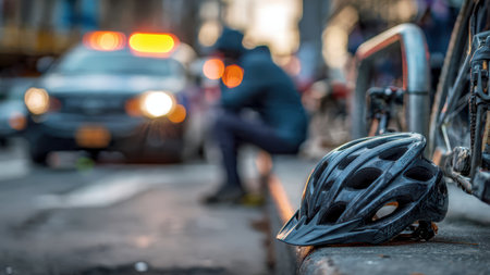 Injured cyclist on street after bike accident with emergency response vehicle.の素材