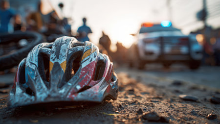 Injured cyclist on street after bike accident with emergency response vehicle.の素材