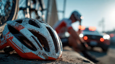 Injured cyclist on street after bike accident with emergency response vehicle.の素材