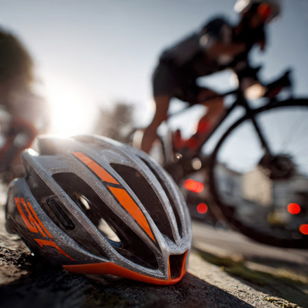 Injured cyclist on street after bike accident with emergency response vehicle.の素材