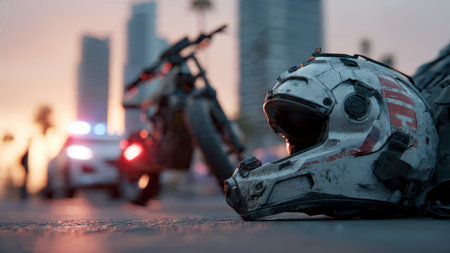 Injured cyclist on street after bike accident with emergency response vehicle.の素材