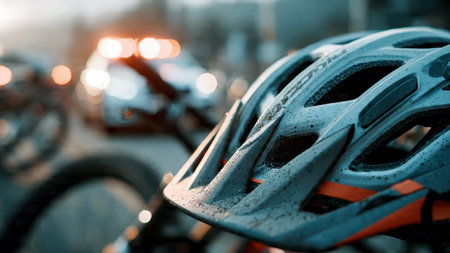 Injured cyclist on street after bike accident with emergency response vehicle.の素材