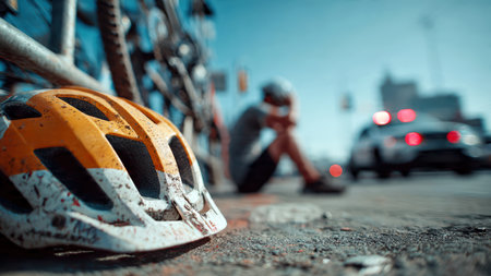 Injured cyclist on street after bike accident with emergency response vehicle.の素材