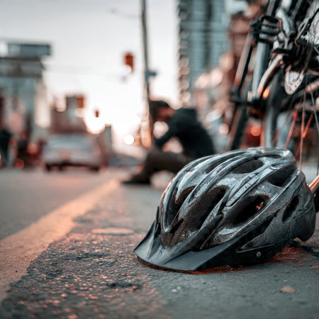 Injured cyclist on street after bike accident with emergency response vehicle.の素材