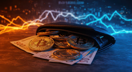 Digital wallet with bitcoins, against the background of virtual space.の素材