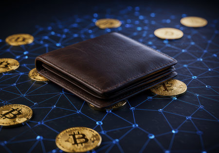 Digital wallet with bitcoins, against the background of virtual spaceの素材