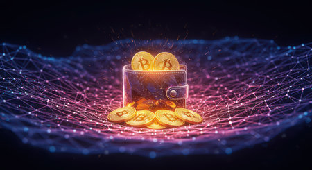 Digital wallet with bitcoins, against the background of virtual space.の素材