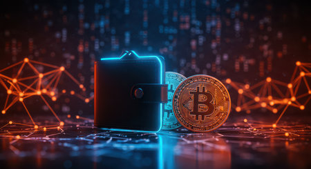 Digital wallet with bitcoins, against the background of virtual space.の素材