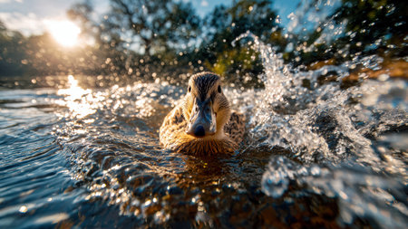 Wild duck swimming on calm water in natural habitat.の素材
