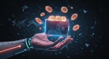 Hand holding holographic crypto wallet with bitcoins, against the background of blockchain network.の素材