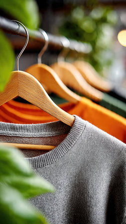 Cozy sweaters hanging on wooden hangers in soft natural light.の素材