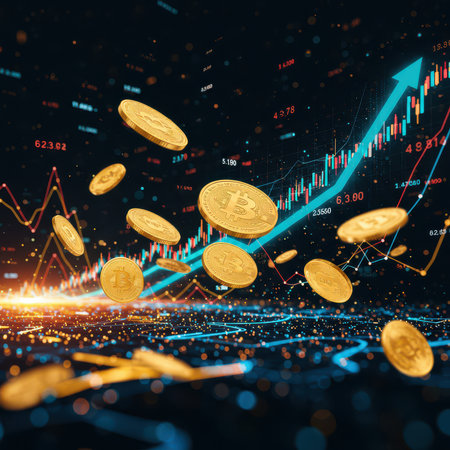 Abstract scene with flying Bitcoin coins and graphs showing the growth of cryptocurrencies.の素材