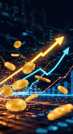 Abstract scene with flying Bitcoin coins and graphs showing the growth of cryptocurrencies.の素材