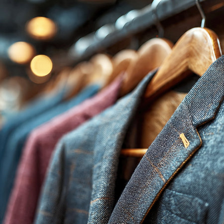 Elegant men's jackets hanging on wooden hangers in boutique lighting.の素材