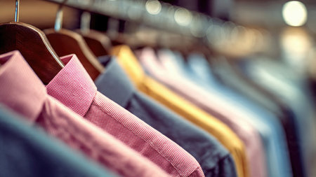 Elegant shirts hanging on wooden hangers in soft natural light.の素材