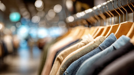 Elegant shirts hanging on wooden hangers in soft natural light.の素材