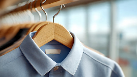 Elegant shirts hanging on wooden hangers in soft natural light.の素材