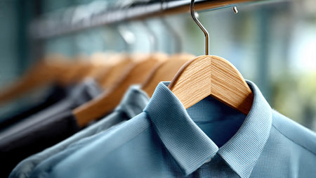 Elegant shirts hanging on wooden hangers in soft natural light.の素材