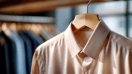 Elegant shirts hanging on wooden hangers in soft natural light.の素材