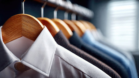 Elegant shirts hanging on wooden hangers in soft natural light.の素材