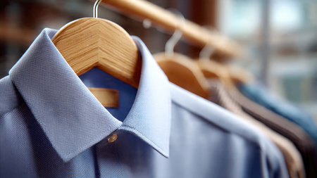 Elegant shirts hanging on wooden hangers in soft natural light.の素材