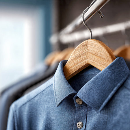 Elegant shirts hanging on wooden hangers in soft natural light.の素材