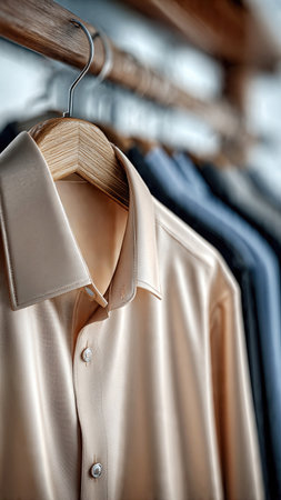 Elegant shirts hanging on wooden hangers in soft natural light.の素材