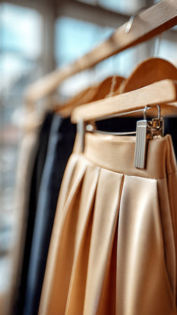 Elegant satin skirts hanging on wooden hangers in boutique.の素材
