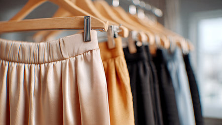 Elegant satin skirts hanging on wooden hangers in boutique.の素材