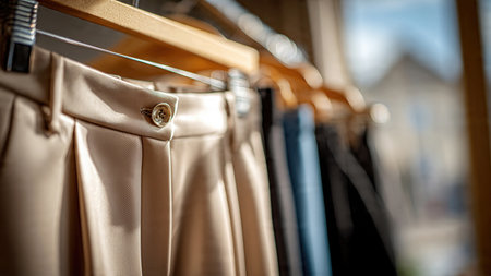 Elegant satin trousers hanging on wooden hangers in boutique.の素材