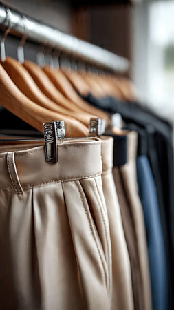 Elegant satin trousers hanging on wooden hangers in boutique.の素材