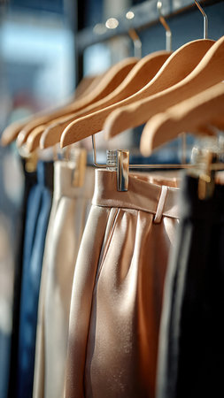 Elegant satin trousers hanging on wooden hangers in boutique.の素材