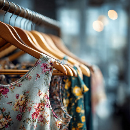 Elegant dresses hanging on wooden hangers in a boutique.の素材