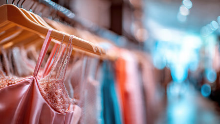 Elegant dresses hanging on wooden hangers in a boutique.の素材
