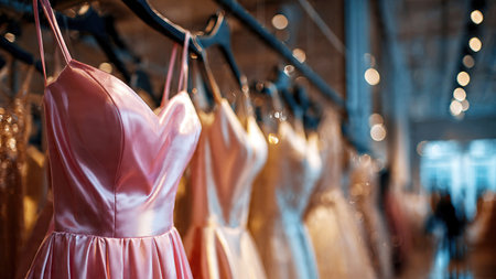 Elegant dresses hanging on wooden hangers in a boutique.の素材