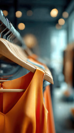 Elegant dresses hanging on wooden hangers in a boutique.の素材