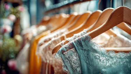 Elegant dresses hanging on wooden hangers in a boutique.の素材