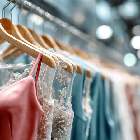 Elegant dresses hanging on wooden hangers in a boutique.の素材