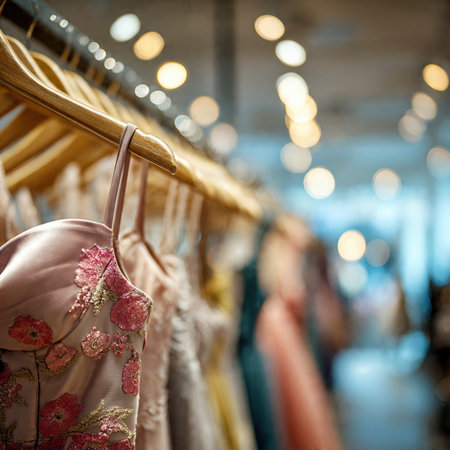 Elegant dresses hanging on wooden hangers in a boutique.の素材