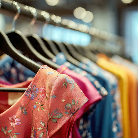 Elegant dresses hanging on wooden hangers in a boutique.の素材