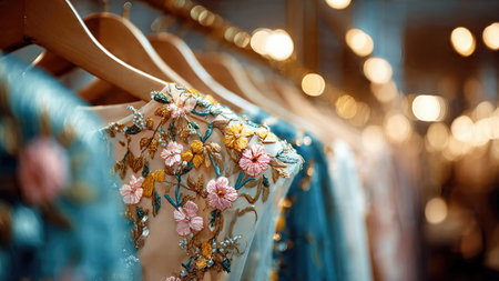 Elegant dresses hanging on wooden hangers in a boutique.の素材