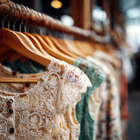 Elegant dresses hanging on wooden hangers in a boutique.の素材